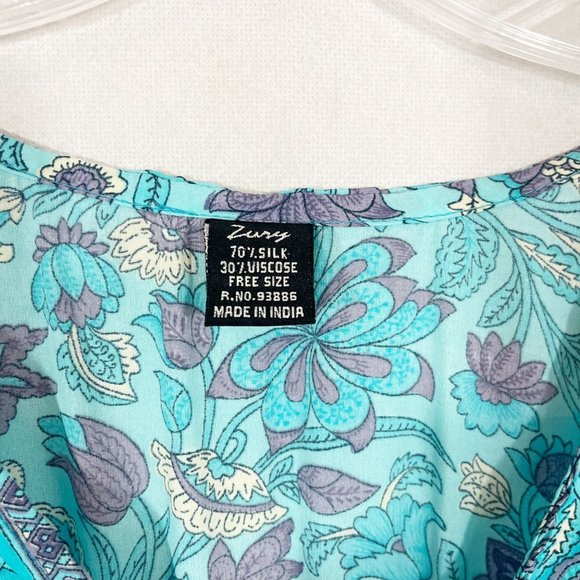 Zury Blue Boho Print Flutter Sleeve Maxi Dress V-Neck Silk Bohemian FREE SIZE - Picture 6 of 8